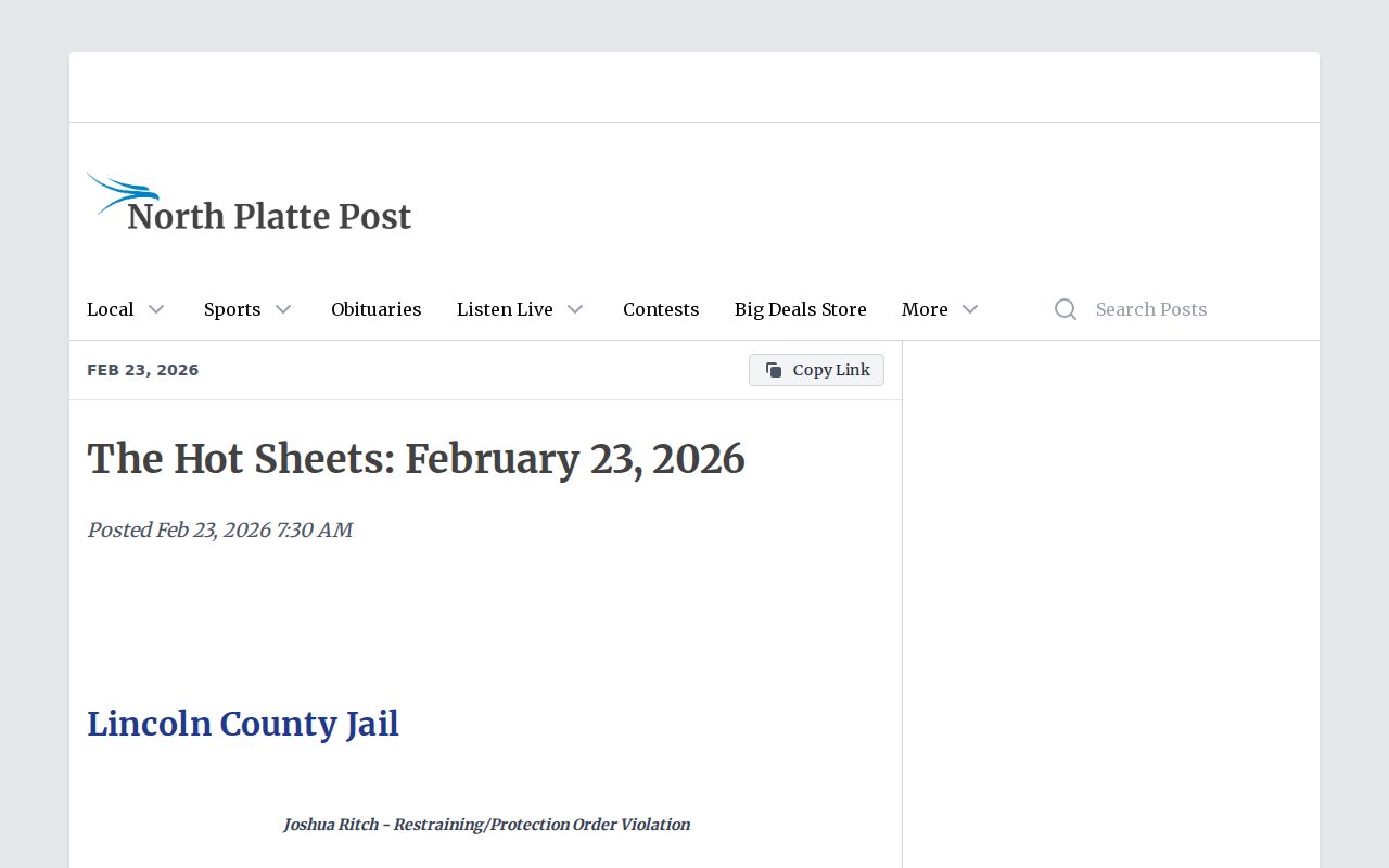 North Platte Post Hot Sheets regional booking-news webpage used for Gosper County record research